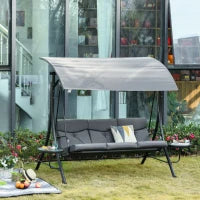 Dondolo da Giardino a 3 Posti , Dondolo da Esterno con Tettuccio Regolabile e 2 Tavolini, Grigio 271x125x177cm