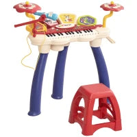 Pianola per Bambini 3-6 Anni con Sgabello, Microfono, Tamburo e Bacchette, in PP e ABS, 74x32.2x71 cm