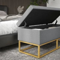 Panca Contenitore 2 in 1 con Seduta Trapuntata e Piedi in Acciaio, 110 x 44 x 48 cm, Grigio e Dorato
