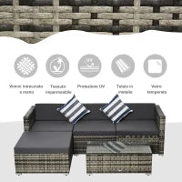 Set Mobili da Giardino da 5 Pezzi, Divanetto per Esterni con Pouf e Tavolino in Rattan PE, Grigio