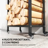Portalegna da Esterno e Interno a Due Livelli con Ruote in Acciaio Rinforzato, 60x30x119 cm, Nero
