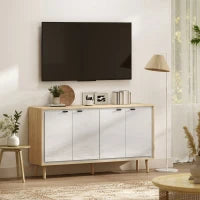 Credenza Moderna a 4 Ante con Ripiano Regolabile, 141x35x77 cm, Bianco Lucido e Rovere