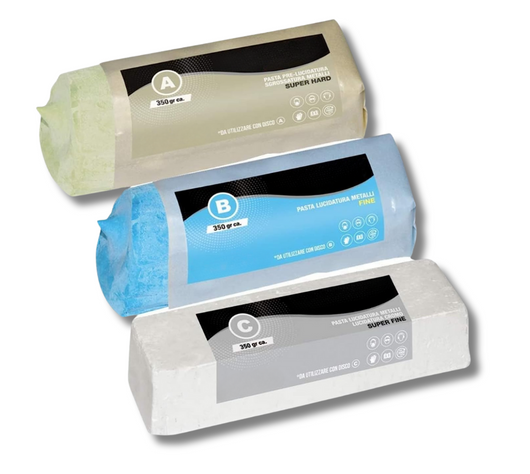 Pasta Abrasiva Lucidante Kit 3 x 350 gr (A-B-C) Set Lucidatura Alluminio Cera Per Lucidare Acciaio Inox Metalli Ottone Rame Cromature Legno Plexiglass