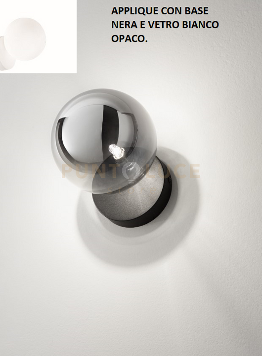 PALLINA APPLIQUE 1 LUCE ATTACCO G9 NERO CON SFERA OPALE BIANCA D.14CM