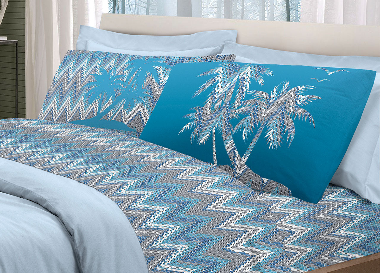 Completo Lenzuola Letto Pensieri Delicati 100% Cotone Dis. Palme Spinato - Piazza E Mezza - Azzurro