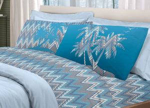 Completo Lenzuola Letto Pensieri Delicati 100% Cotone Dis. Palme Spinato - Piazza E Mezza - Azzurro