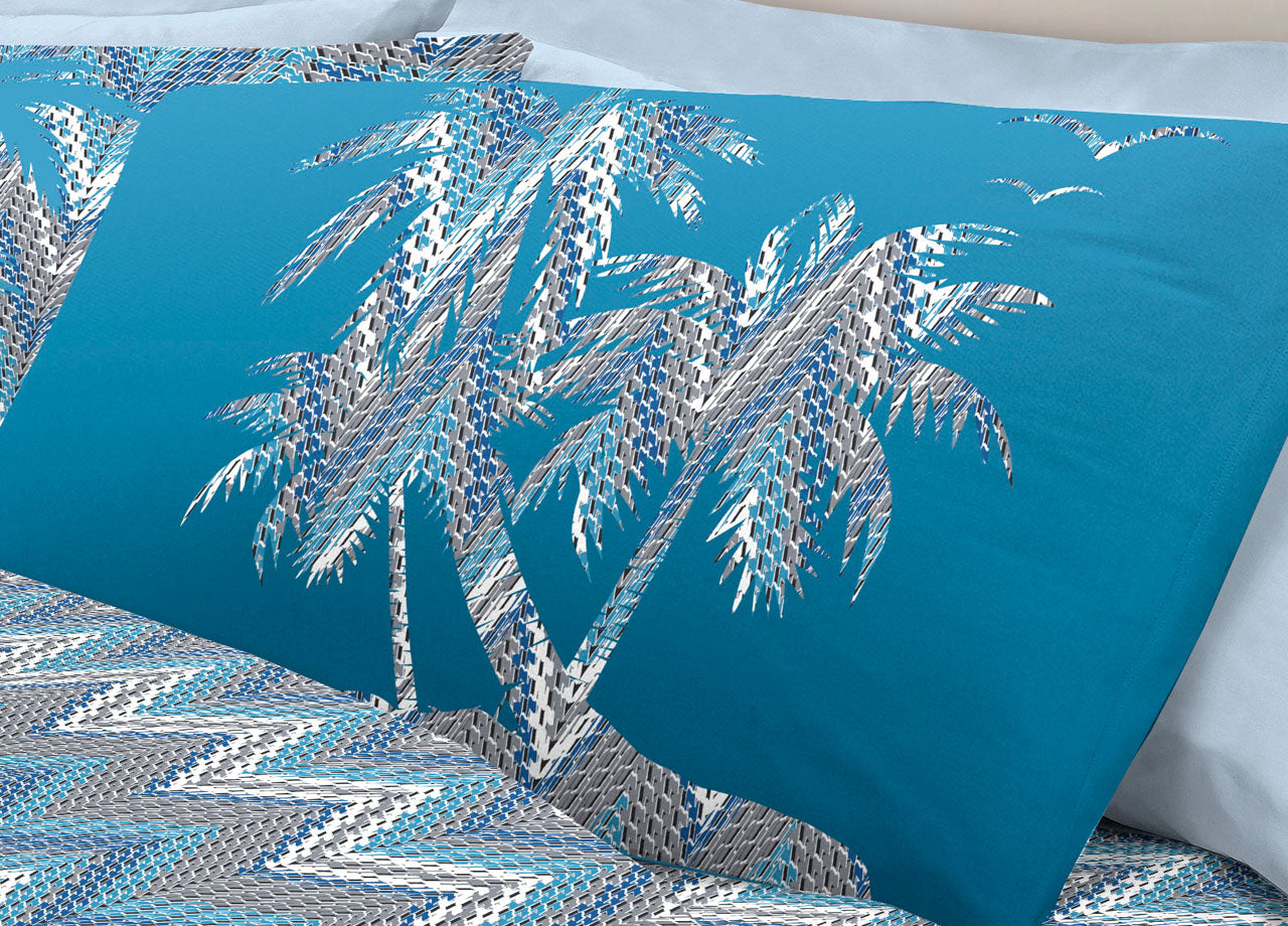 Completo Lenzuola Letto Pensieri Delicati 100% Cotone Dis. Palme Spinato - Piazza E Mezza - Azzurro
