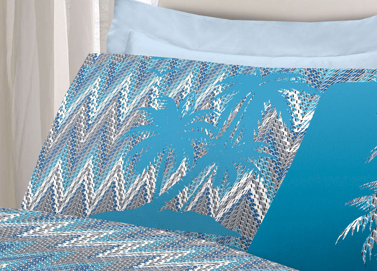 Completo Lenzuola Letto Pensieri Delicati 100% Cotone Dis. Palme Spinato - Piazza E Mezza - Azzurro