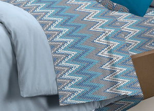 Completo Lenzuola Letto Pensieri Delicati 100% Cotone Dis. Palme Spinato - Piazza E Mezza - Azzurro