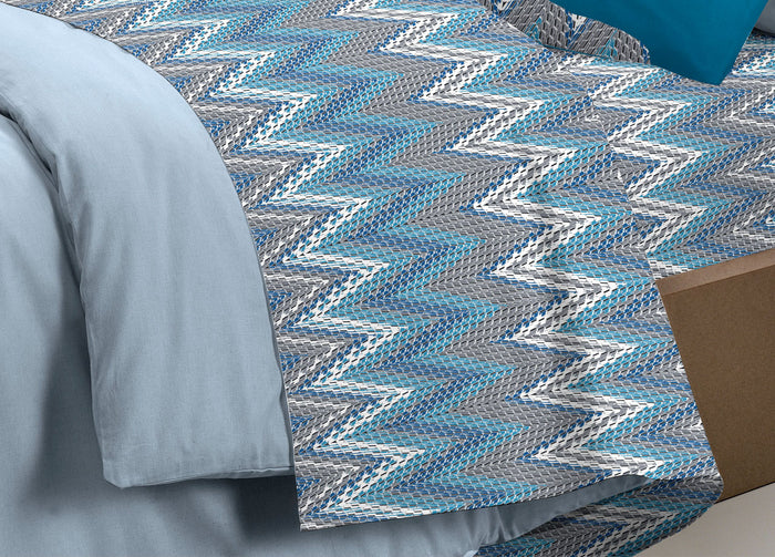 Completo Lenzuola Letto Pensieri Delicati 100% Cotone Dis. Palme Spinato - Piazza E Mezza - Azzurro