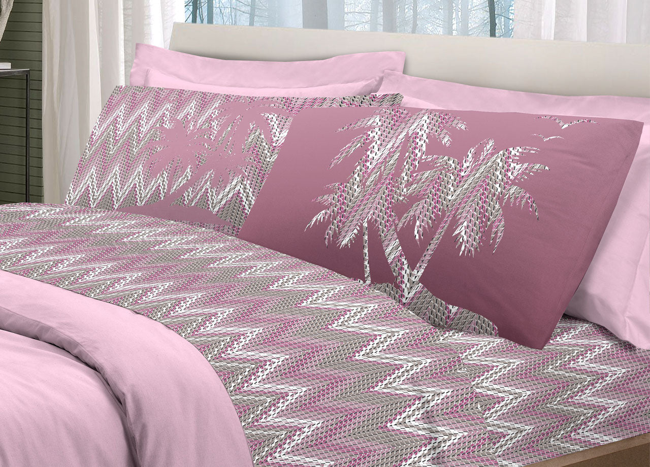 Completo Lenzuola Letto Pensieri Delicati 100% Cotone Dis. Palme Spinato - Piazza E Mezza - Rosa