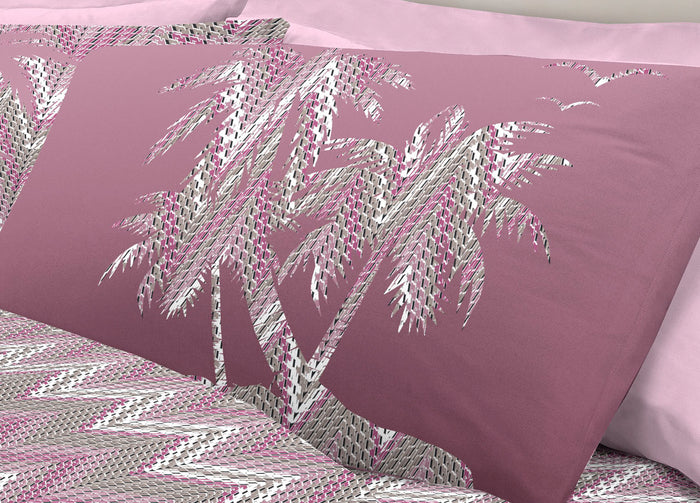 Completo Lenzuola Letto Pensieri Delicati 100% Cotone Dis. Palme Spinato - Piazza E Mezza - Rosa