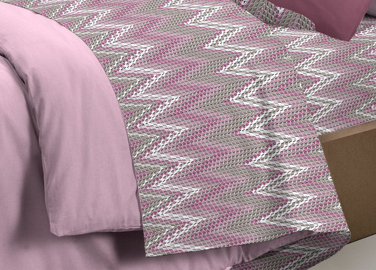 Completo Lenzuola Letto Pensieri Delicati 100% Cotone Dis. Palme Spinato - Singolo - Rosa