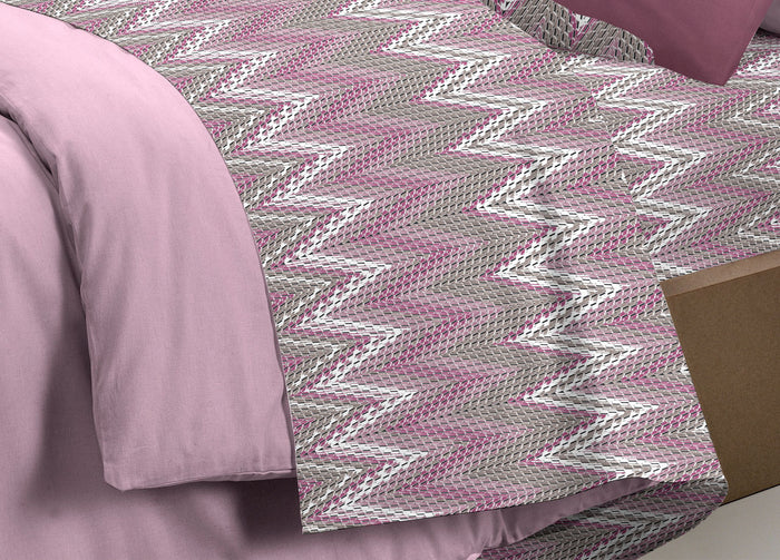 Completo Lenzuola Letto Pensieri Delicati 100% Cotone Dis. Palme Spinato - Singolo - Rosa