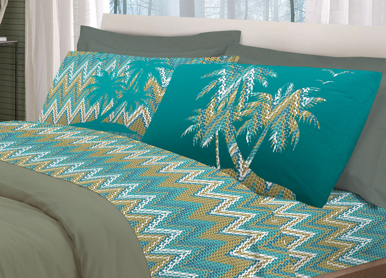 Completo Lenzuola Letto Pensieri Delicati 100% Cotone Dis. Palme Spinato - Piazza E Mezza - Verde