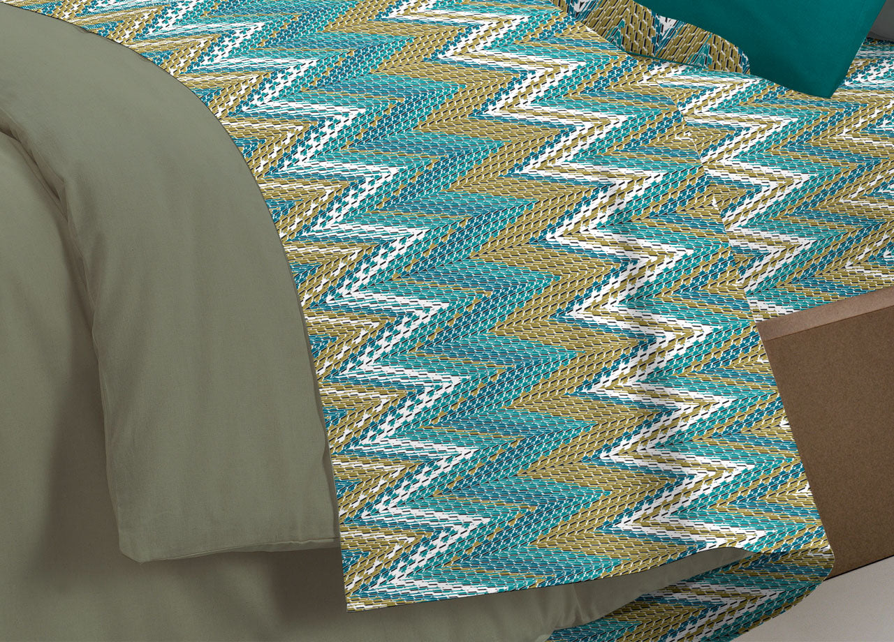 Completo Lenzuola Letto Pensieri Delicati 100% Cotone Dis. Palme Spinato - Piazza E Mezza - Verde