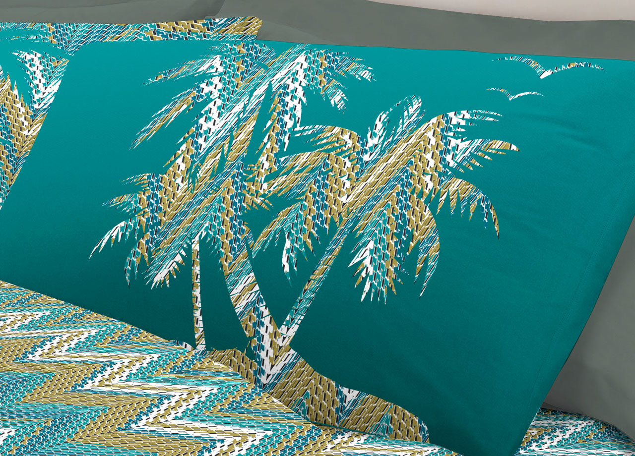 Completo Lenzuola Letto Pensieri Delicati 100% Cotone Dis. Palme Spinato - Piazza E Mezza - Verde