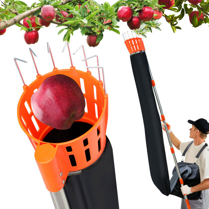 Pametik - Raccoglitore di Frutta Manico Telescopico 4m con Supporto e Borsa in Tessuto Arancione e Nero