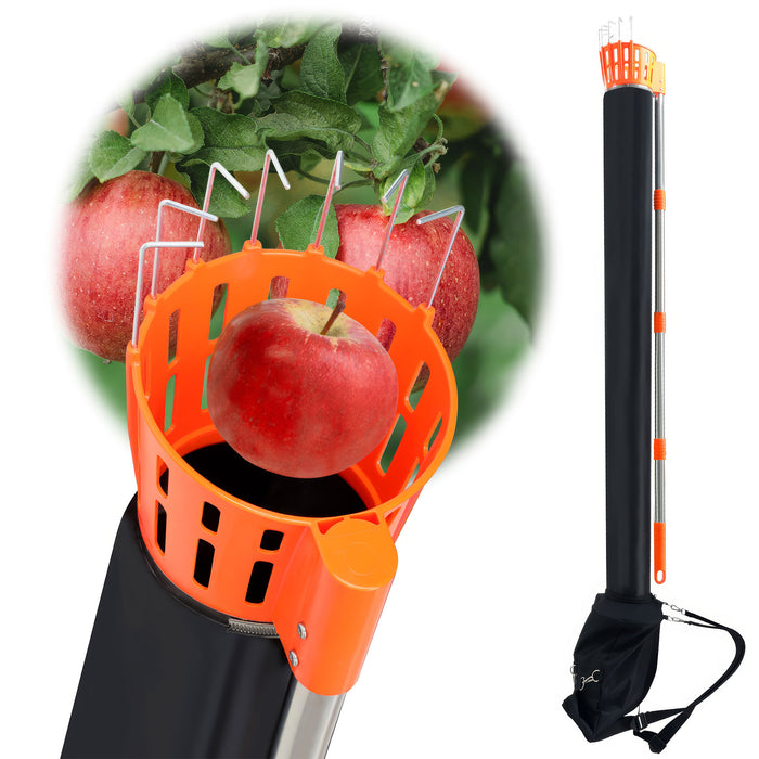 Pametik - Raccoglitore di Frutta Manico Telescopico 4m con Supporto e Borsa in Tessuto Arancione e Nero