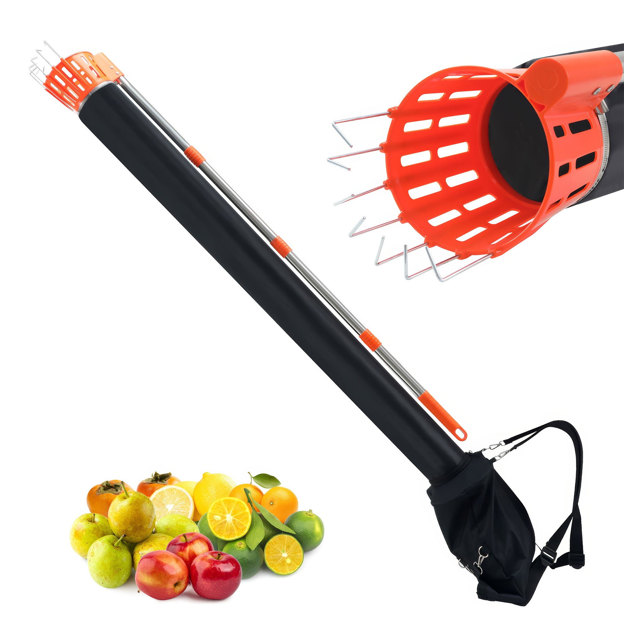 Pametik - Raccoglitore di Frutta Manico Telescopico 4m con Supporto e Borsa in Tessuto Arancione e Nero