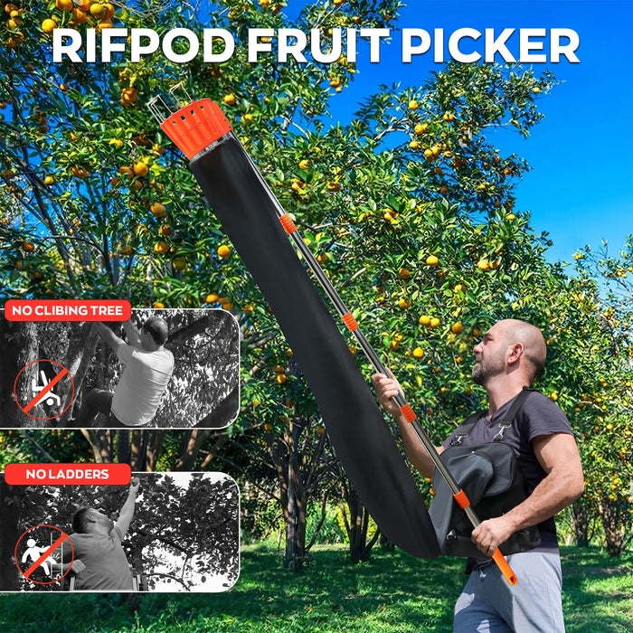 Pametik - Raccoglitore di Frutta Manico Telescopico 4m con Supporto e Borsa in Tessuto Arancione e Nero