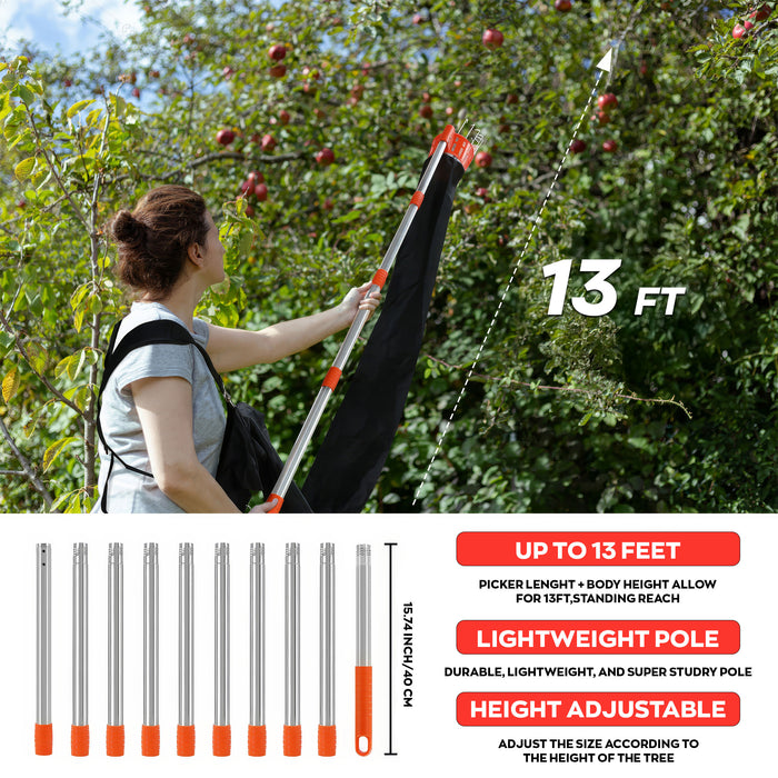 Pametik - Raccoglitore di Frutta Manico Telescopico 4m con Supporto e Borsa in Tessuto Arancione e Nero