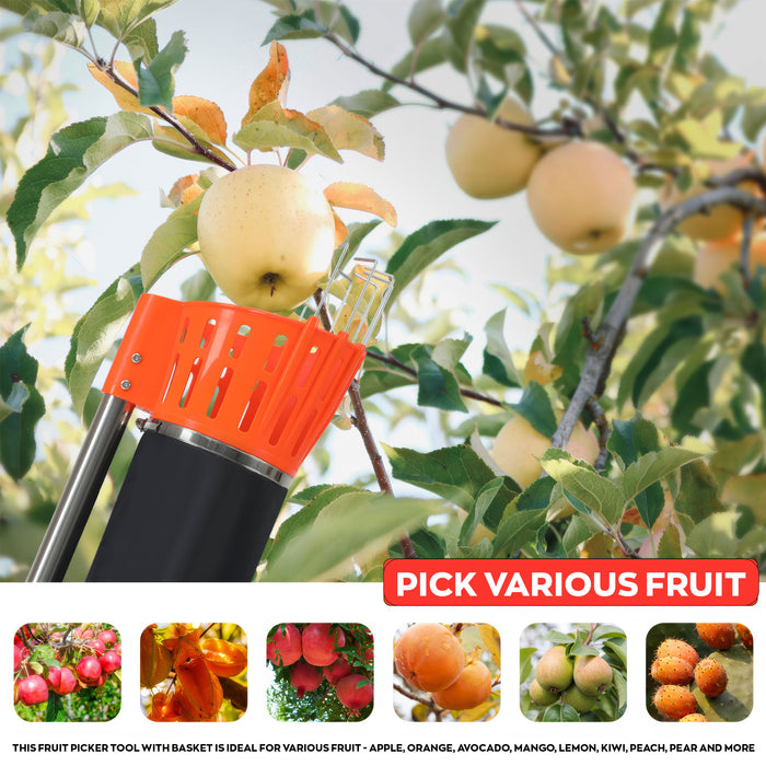 Pametik - Raccoglitore di Frutta Manico Telescopico 4m con Supporto e Borsa in Tessuto Arancione e Nero