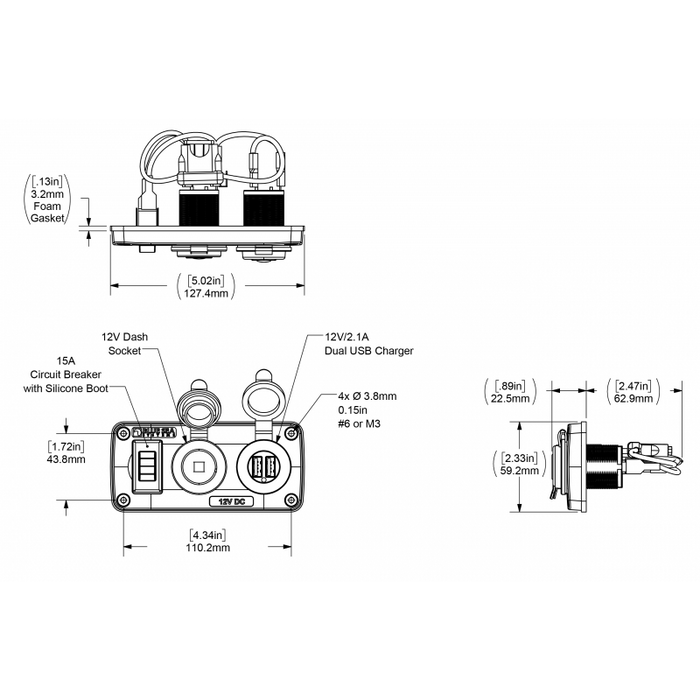 PANNELLO 12V PRESA USB INTERRUTTORE