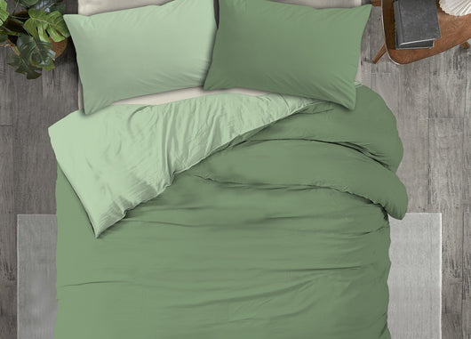 Copripiumino No Stiro Tinta Unita Bicolor Microfibra Effetto Manopesca Francesca - Singolo - Verde-Salvia
