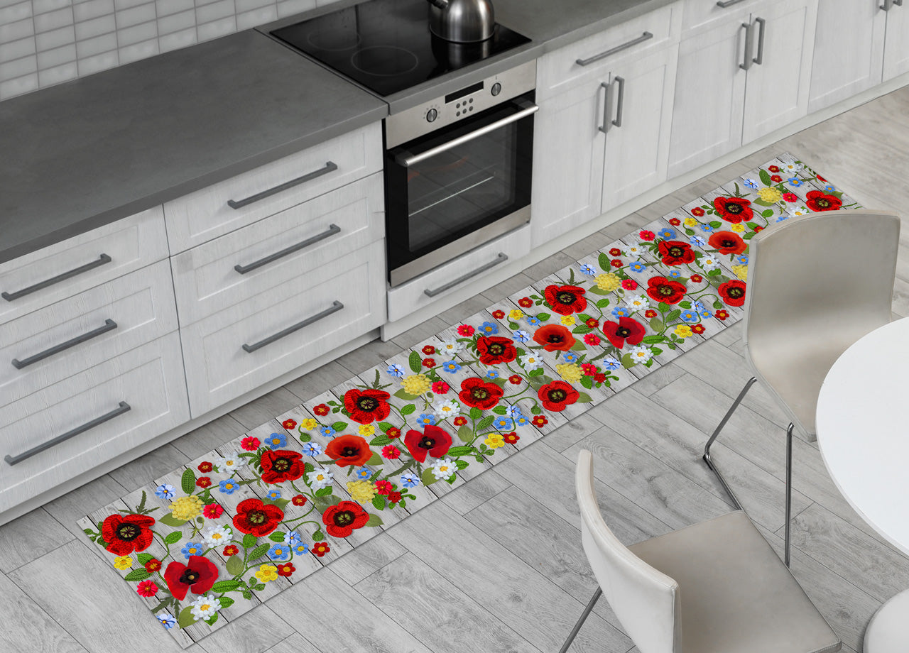 Tappeto Passatoia Cucina Antiscivolo Sottolavello Digitale Disegno Papaveri - 50x600 - Papaveri