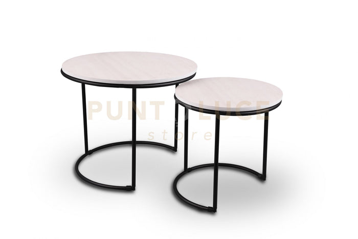 PAULA SET DI 2 TAVOLI ROTONDI STRUTTURA IN METALLO E BASE IN MDF D.35-43CM BIANCO E STRUTTURA NERA