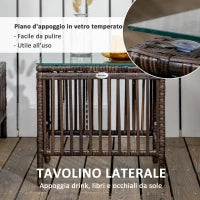 Set 2 Lettini Prendisole con Cuscini Imbottiti e Tavolino in Rattan PE, Marrone e Beige