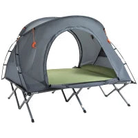 Lettino da Campeggio con Tenda Letto Rialzato per 2 Persone, Tenda a Cupola con Materasso Gonfiabile Incluso, Borsa da Trasporto, 200 x 146 x 159 cm, Grigio