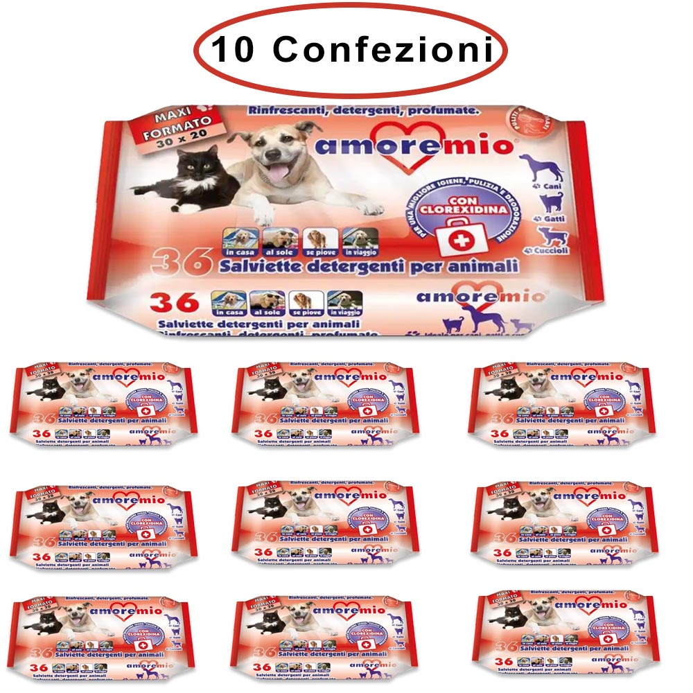 Amore mio salviette detergenti per cani gatti e cuccioli alla clorexidina 10 confezioni da 36 salviette