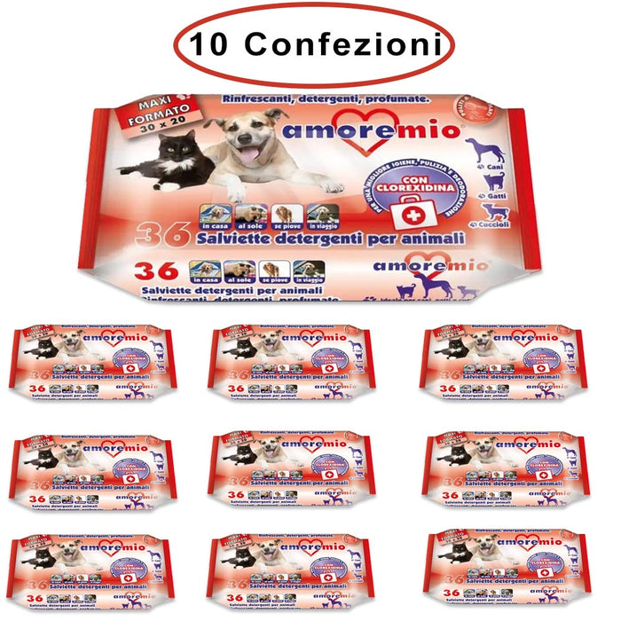 Amore mio salviette detergenti per cani gatti e cuccioli alla clorexidina 10 confezioni da 36 salviette