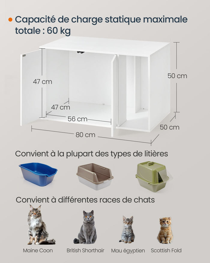 Lettiera per gatti di grandi dimensioni 80 x 50 x 50 cm porta con apertura a pressione tavolo moderno e minimalista bianco 12_0006045