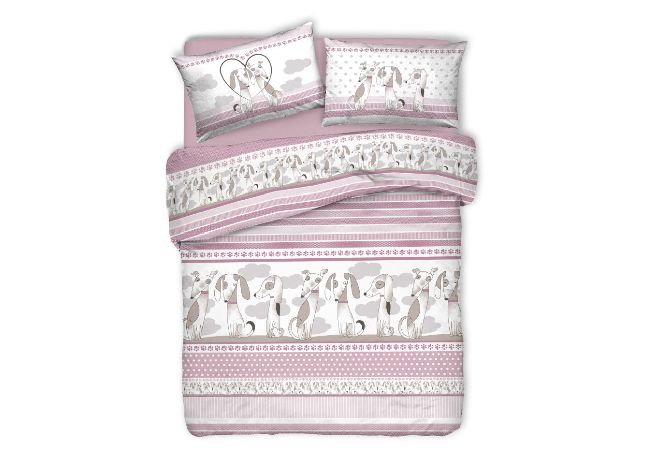 Copripiumino Sacco Piumone Pensieri Delicati Cotone Disegno Bau Bau - Matrimoniale - Rosa