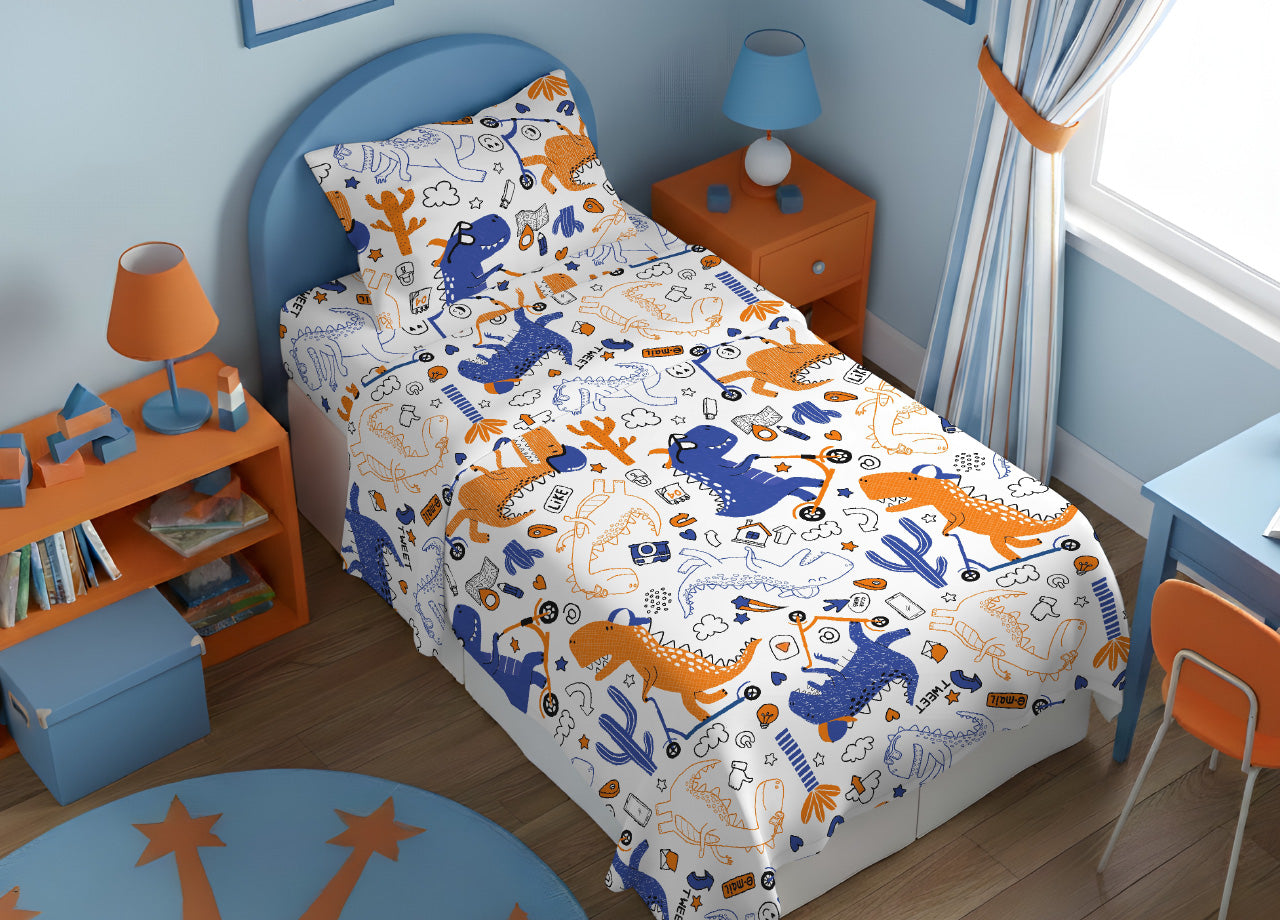 Sacco Copripiumino In 100% Cotone Made Italy Disegno Dino - Singolo - Dino