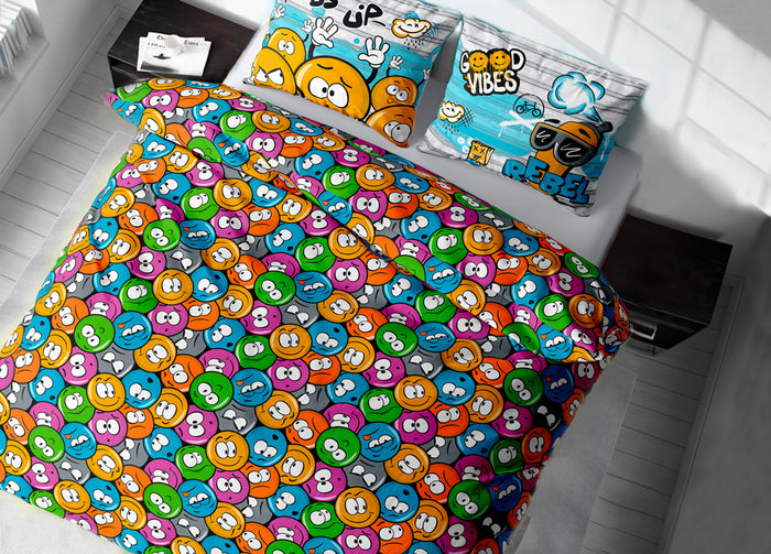 Sacco Copripiumino In 100% Cotone Made Italy Disegno Emoji - Piazza E Mezza - Emoji