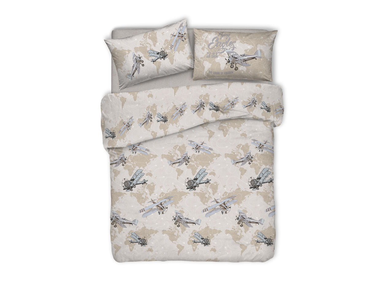 Copripiumino Sacco Piumone Pensieri Delicati Cotone Disegno Aerei - Singolo - Beige