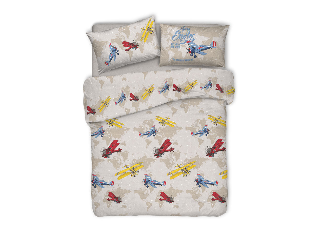 Copripiumino Sacco Piumone Pensieri Delicati Cotone Disegno Aerei - Singolo - Multicolore