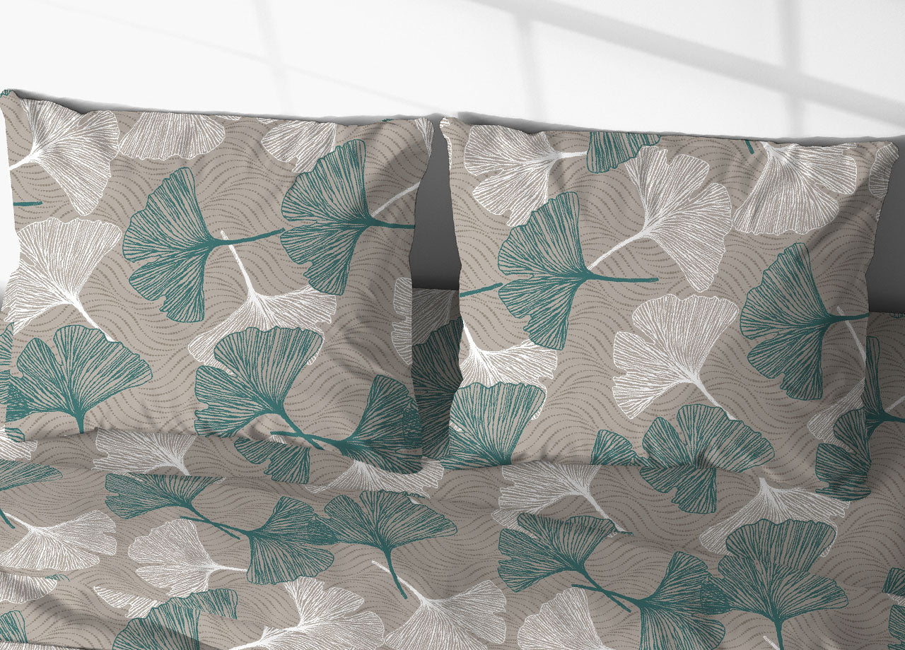 Sacco Copripiumino In 100% Cotone Made Italy Moderno Disegno Ginko - Matrimoniale - Verde