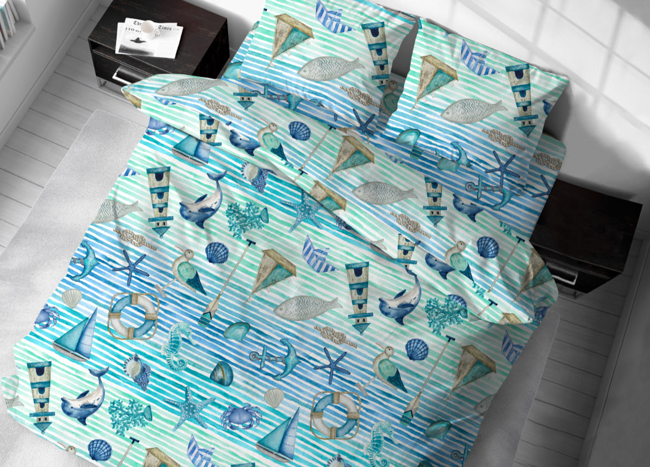 Sacco Copripiumino In 100% Cotone Made Italy Disegno Mare - Singolo - Azzurro