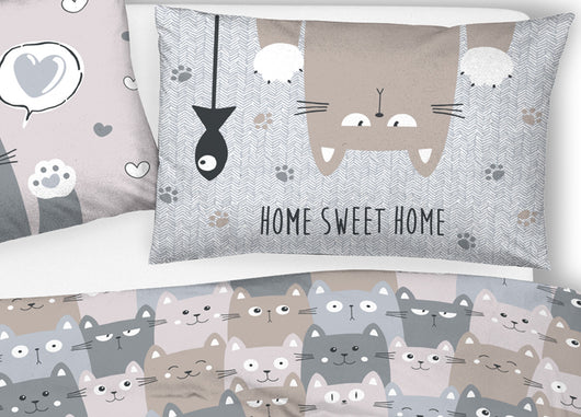 Copripiumino Sacco Piumone Pensieri Delicati Cotone Disegno Happy Cat - Matrimoniale - Grigio