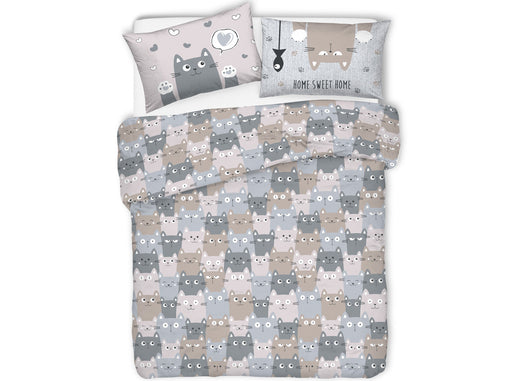 Copripiumino Sacco Piumone Pensieri Delicati Cotone Disegno Happy Cat - Matrimoniale - Grigio