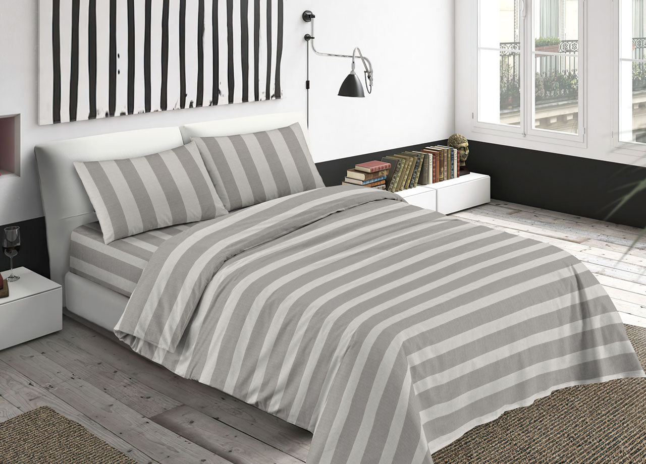 Completo Lenzuola Letto Camera In 100% Cotone Made Italy Vari Disegni RP - Piazza 1-2 - Riga Larga Grigio