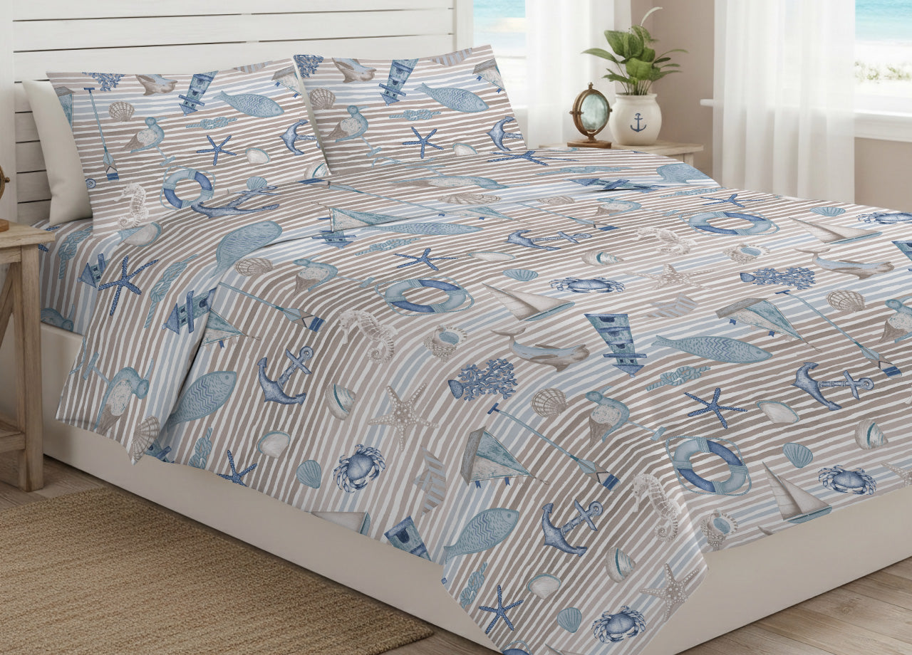 Sacco Copripiumino In 100% Cotone Made Italy Disegno Mare - Matrimoniale - Beige