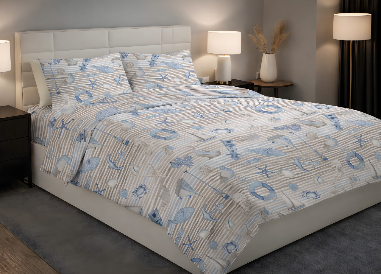 Sacco Copripiumino In 100% Cotone Made Italy Disegno Mare - Matrimoniale - Beige
