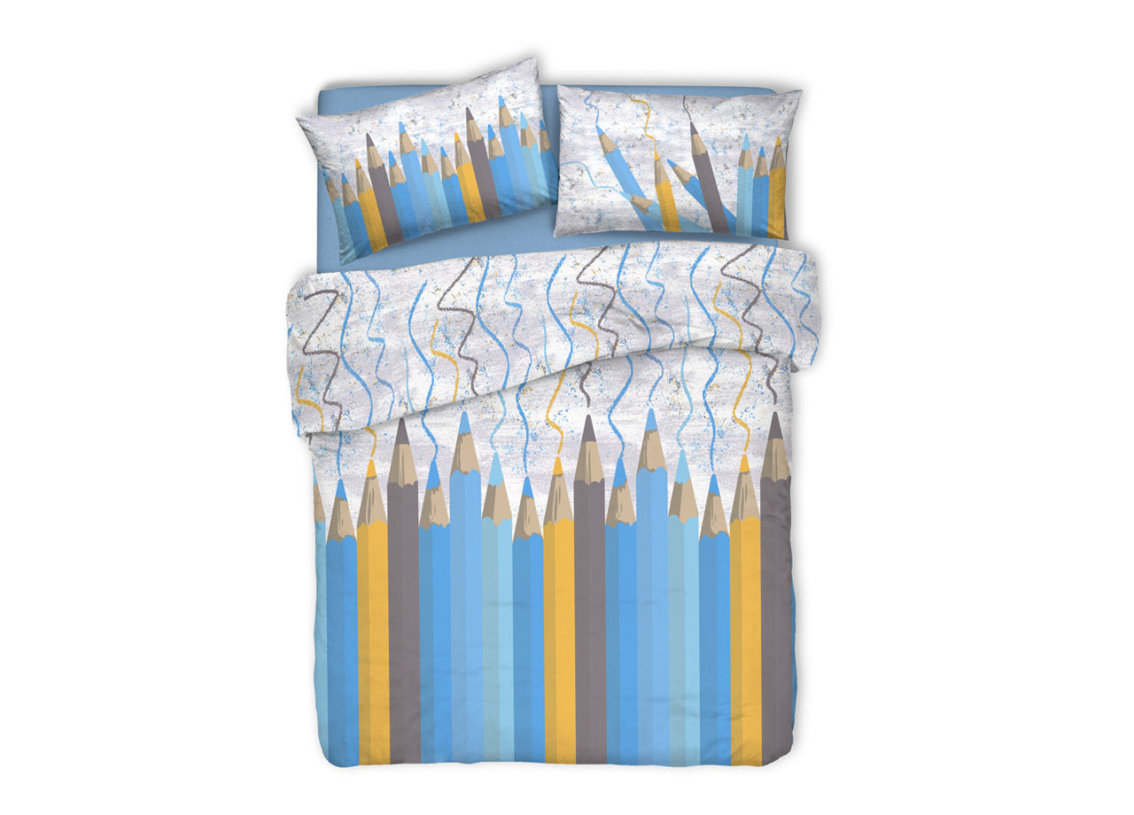 Copripiumino Sacco Piumone Pensieri Delicati Cotone Disegno Matitoni - Matrimoniale - Blu