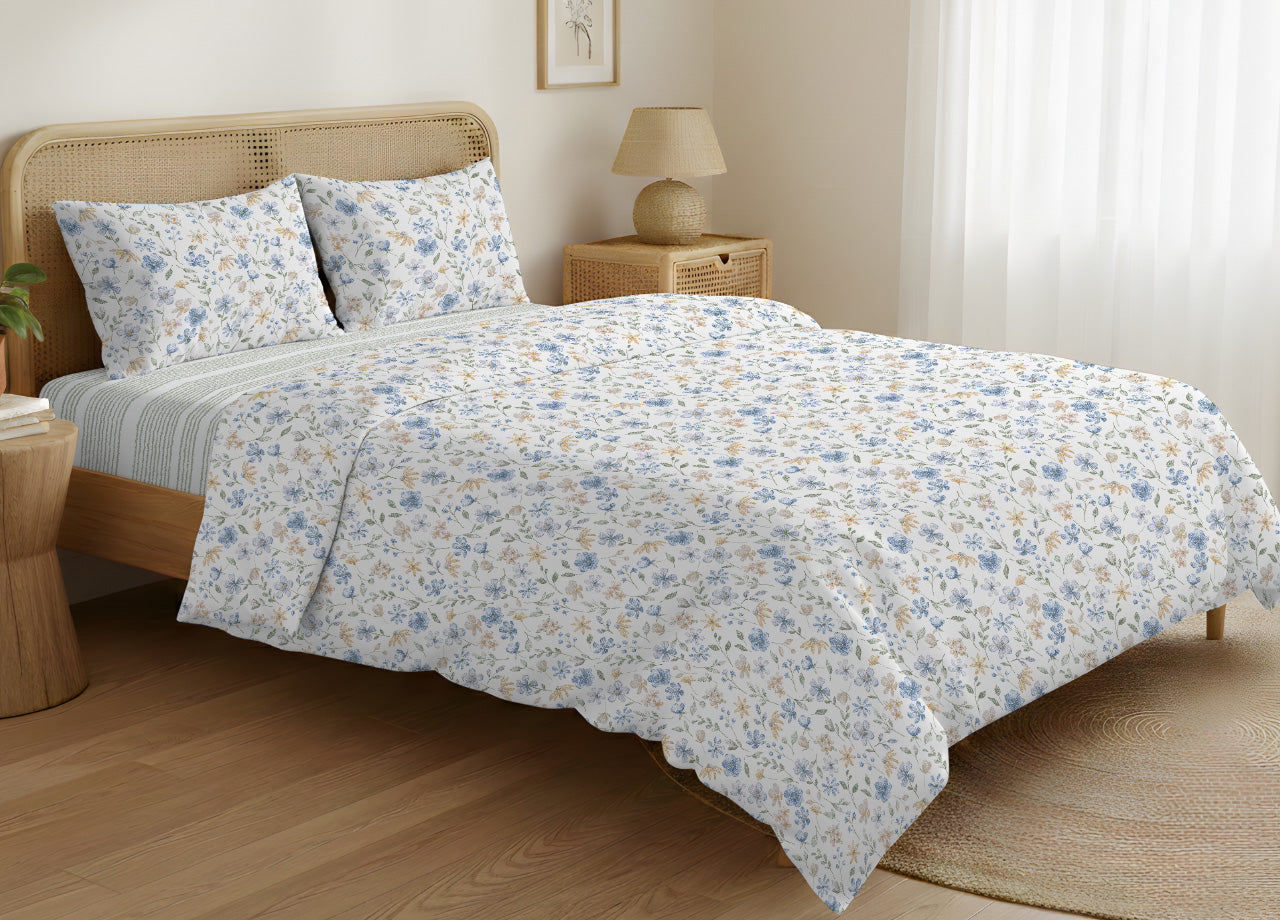 Sacco Copripiumino In 100% Cotone Made Italy Disegno Primavera - Piazza E Mezza - Azzurro